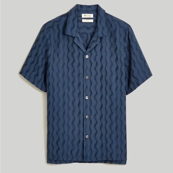Madewell Men’s Navy Blue Wavy Pattern Button-Down Shirt – Short Sleeve Casual - Picture 1 of 7